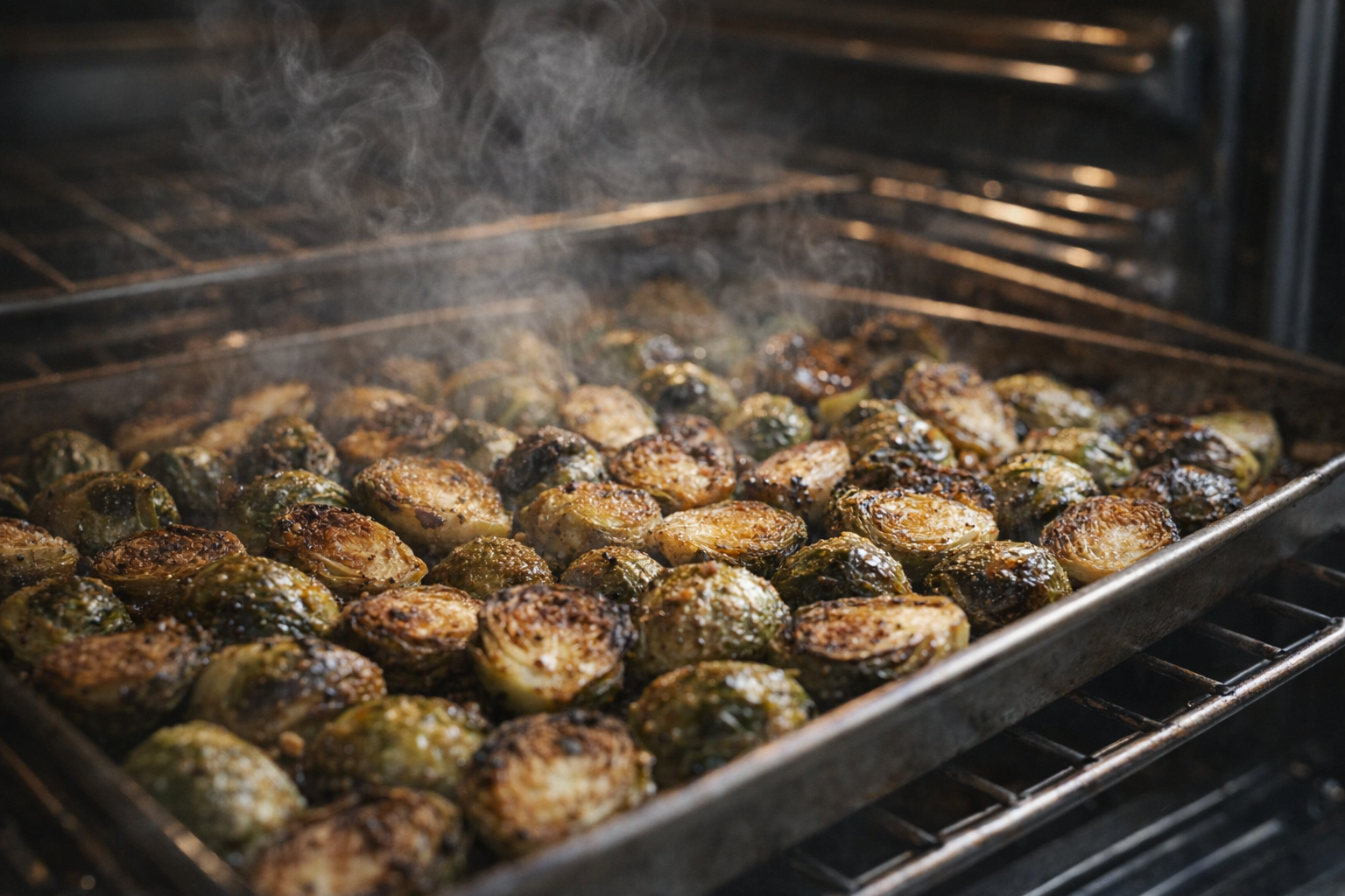 An eye-level shot of Brussels sprouts roasting on a baking sheet in the oven, golden brown and slightly charred, with visible steam rising.